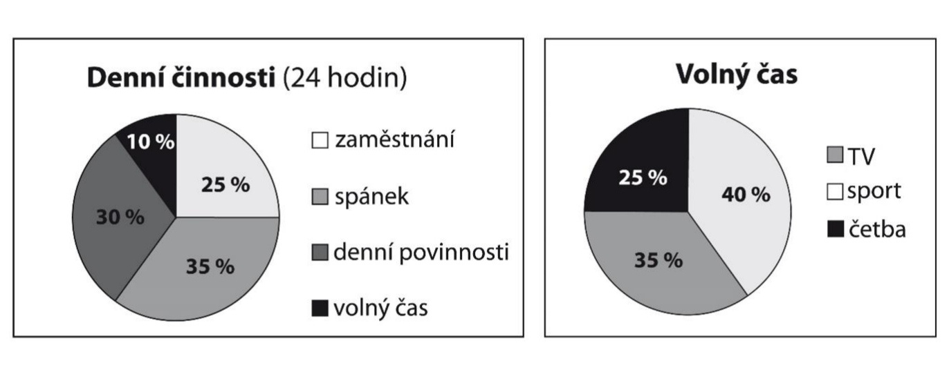 Dva koláčové grafy – denní činnosti a volný čas