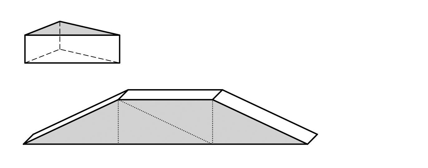 Trojboký kolmý hranol a těleso slepené ze čtyř takových hranolů