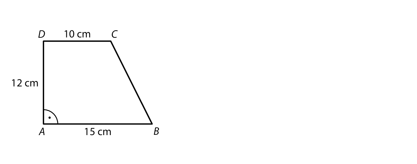 Pravoúhlý lichoběžník ABCD se základnou AB, rozměry 15 cm, 10 cm, 12 cm a pravým úhlem u A