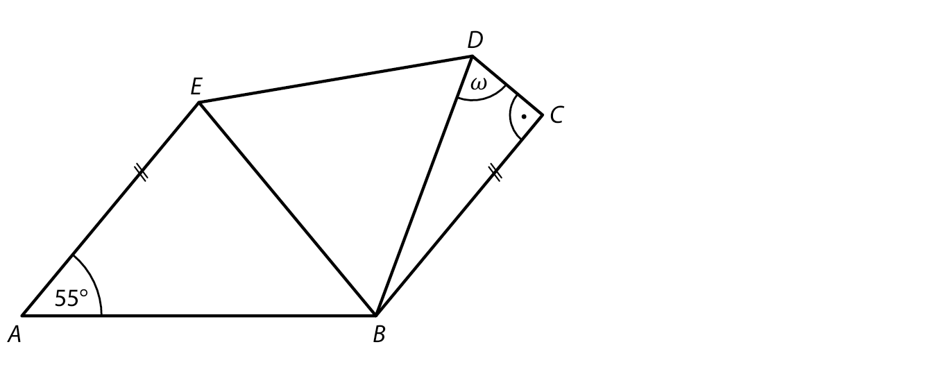 Pětiúhelník ABCDE s úhlem ω a úhlem 55°