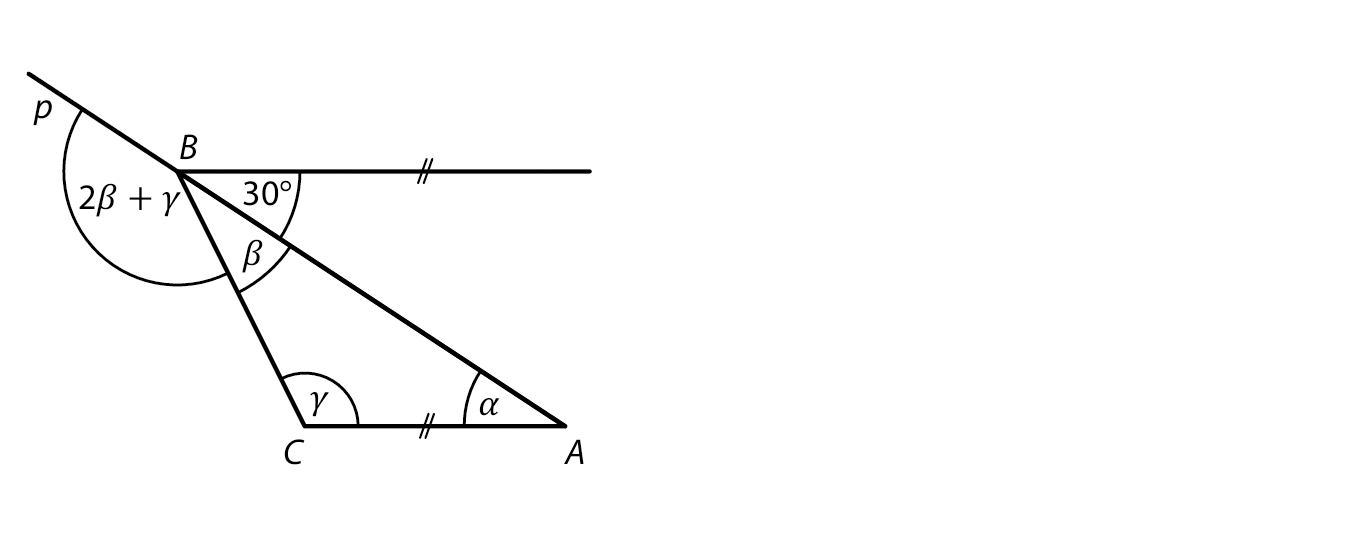 Trojúhelník ABC s přímkou p a rovnoběžkou, úhly 2β+γ, 30°, β, γ, α