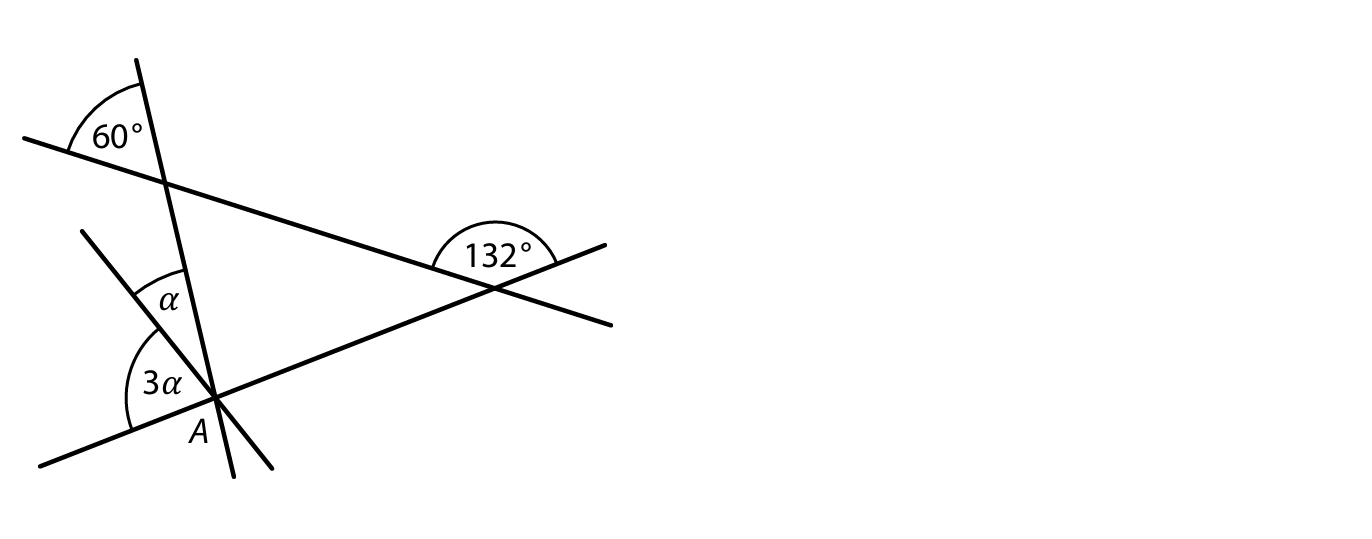 Čtyři různoběžné přímky, tři procházejí bodem A, úhly 60°, 132°, α, 3α