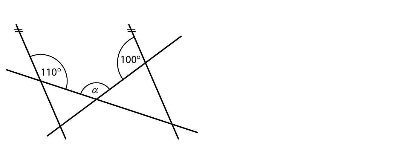 Čtyři přímky, dvě rovnoběžné, s úhly 110°, 100° a α