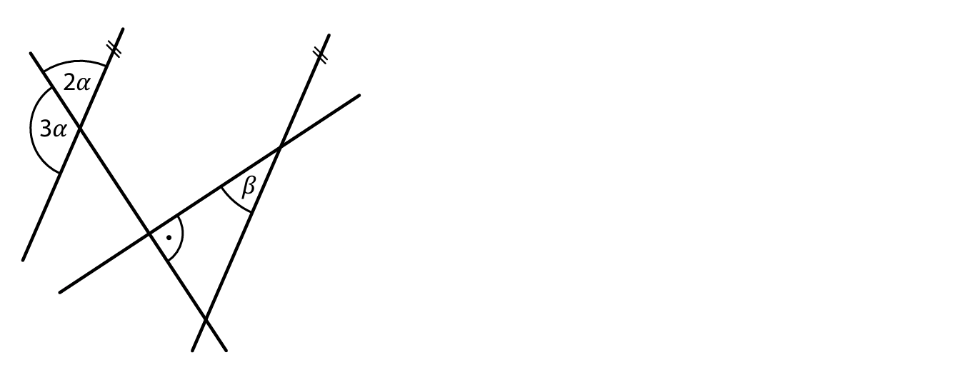 Čtyři přímky – dvě rovnoběžné, dvě na sebe kolmé, úhly 2α, 3α, β