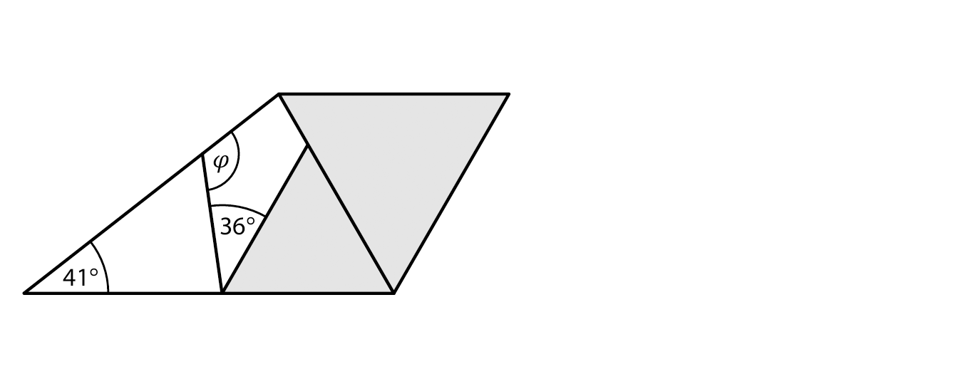 Čtyřúhelník rozdělený na dva rovnostranné trojúhelníky, čtyřúhelník a trojúhelník – úhly 41°, 36°, φ