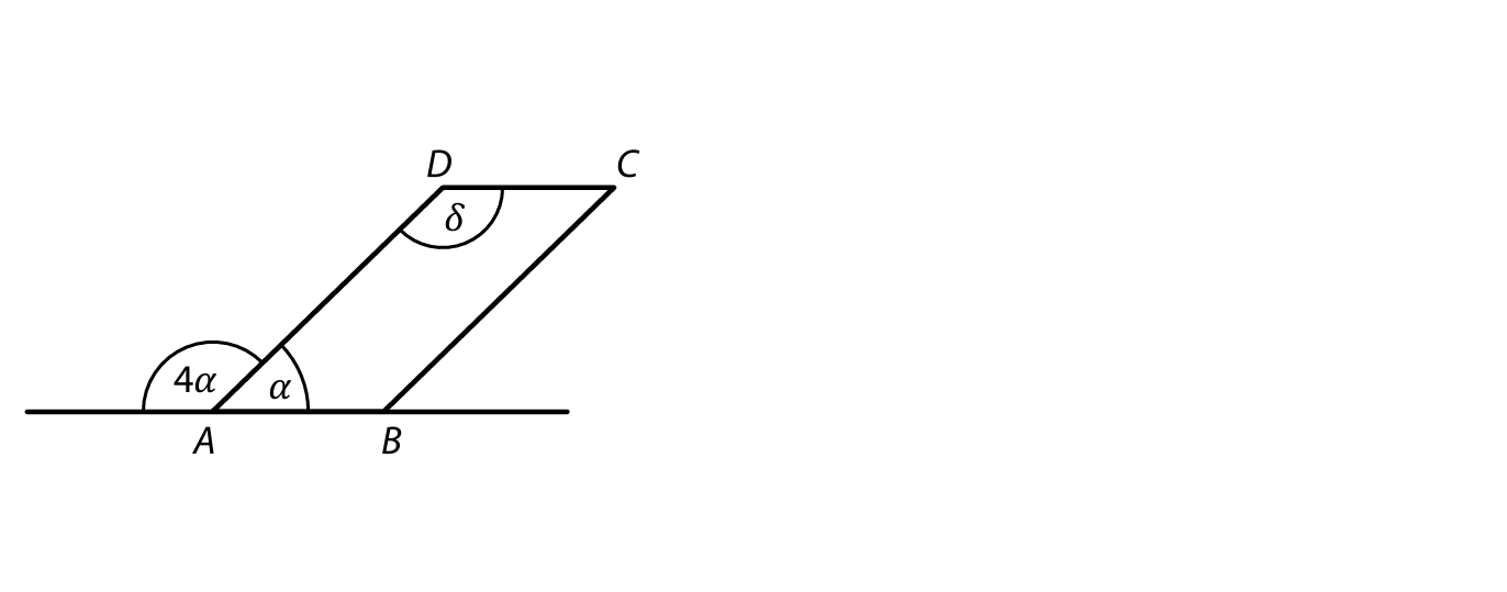 Rovnoběžník ABCD s přímkou AB, úhly 4α, α u bodu A a δ u bodu D