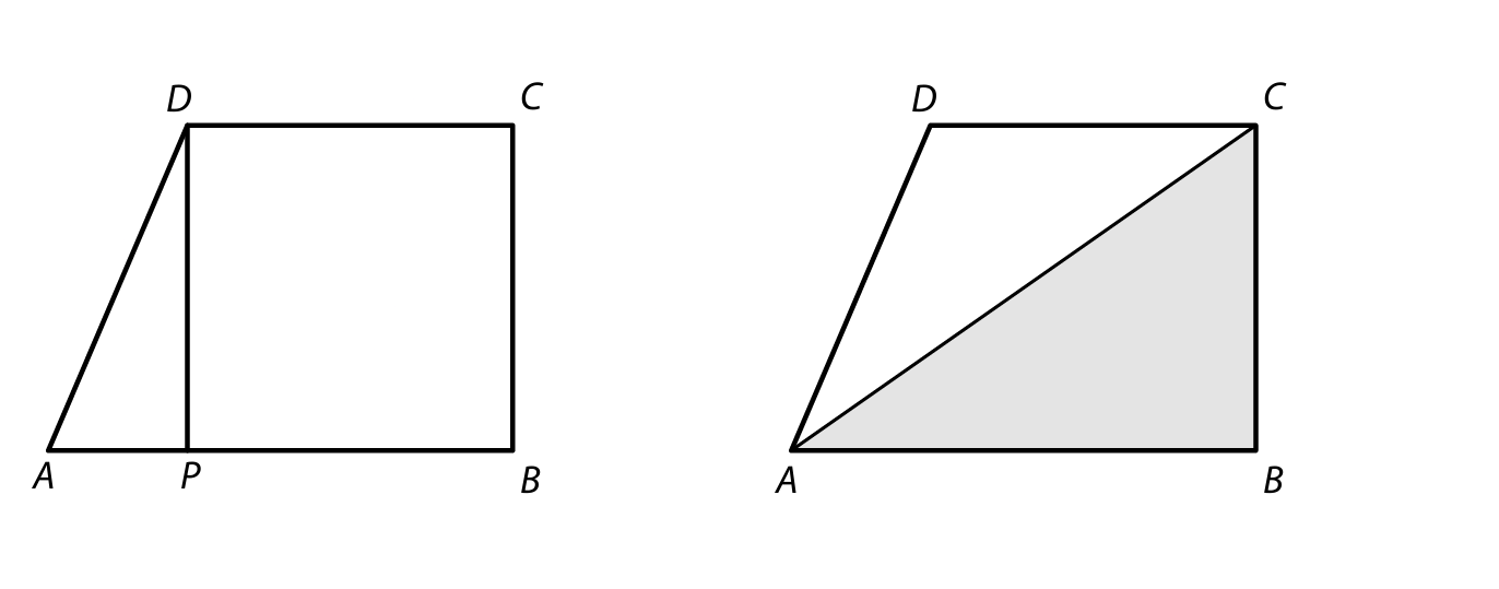 Pravoúhlý lichoběžník ABCD rozdělený na čtverec PBCD a trojúhelník APD, s šedým trojúhelníkem ABC