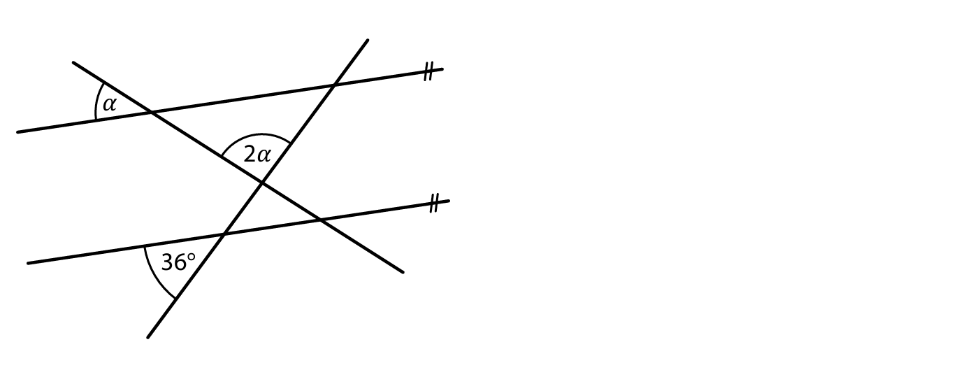 Čtyři přímky v rovině, dvě rovnoběžné, s vyznačenými úhly α, 2α a 36°