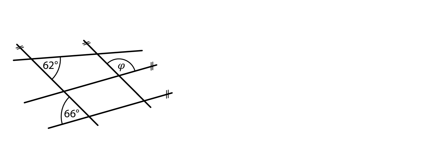 Dvě rovnoběžky proťaté dvěma přímkami, vyznačeny úhly 62°, 66° a φ