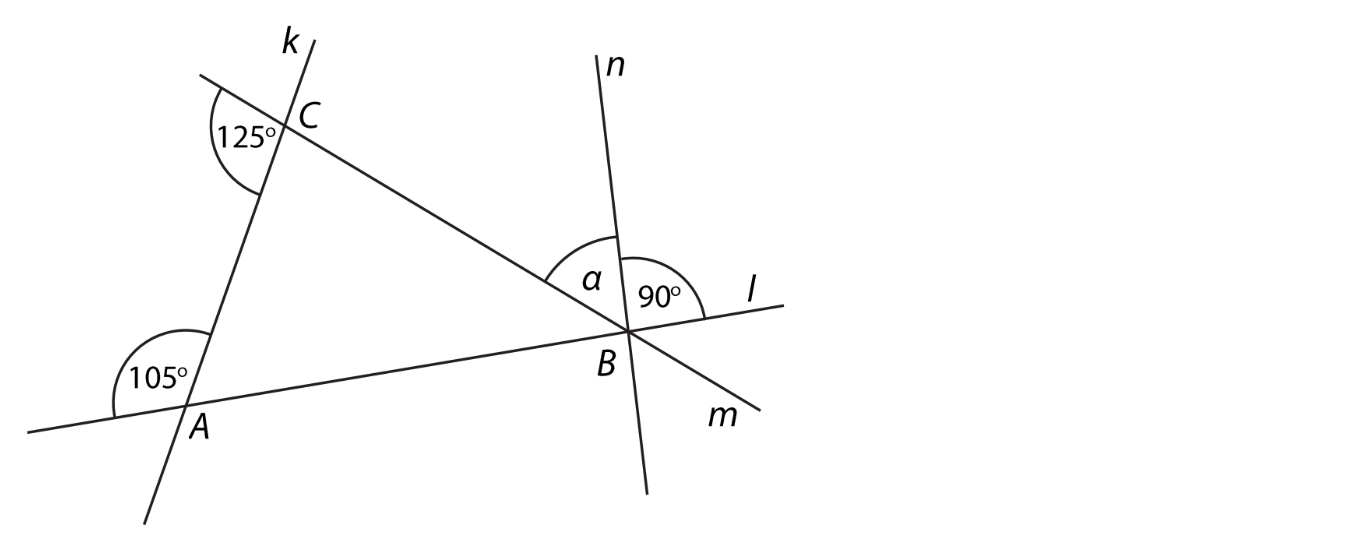 Přímky k, l, m, n s trojúhelníkem ABC