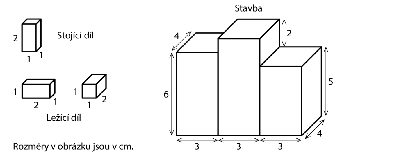 Stavba ze tří kvádrů s rozměry 3×4×6, 3×5×4 a 3×2×4 cm, s vyznačenými díly stavebnice
