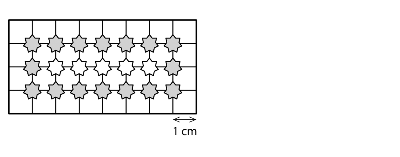 Čtvercová síť s obdélníkem 8×4 cm, hvězdičky uvnitř – tmavé u hranice, bílé ostatní