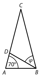 Trojúhelníky ABC a ABD s vyznačeným úhlem φ