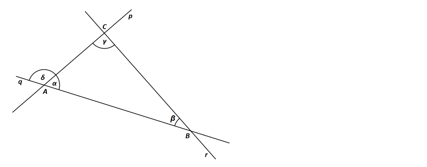 Přímky p, q, r s trojúhelníkem ABC