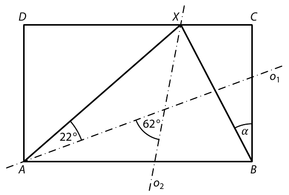 Obdélník ABCD s bodem X na CD, osy úhlů o₁ a o₂, úhly 22° a 62°